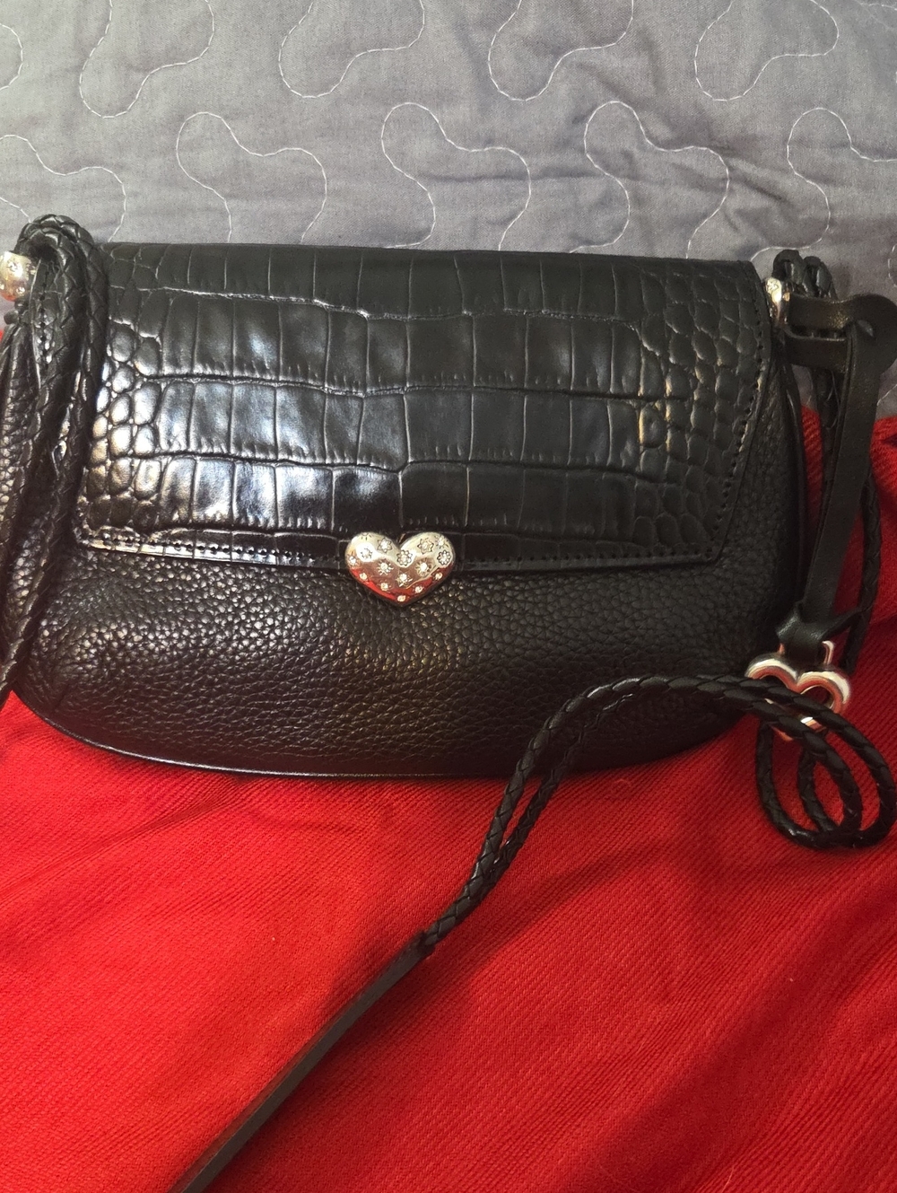 Brighton Black Croc-Texture Heart-Detail Crossbody Bag